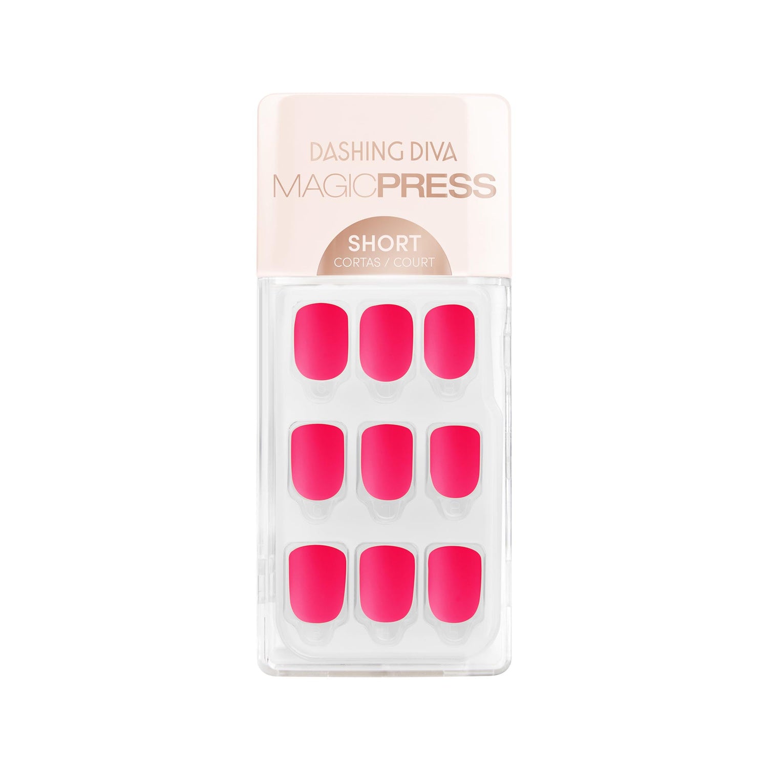 Dashing Diva MAGIC PRESS short square neon pink press-on gel nails in matte finish.