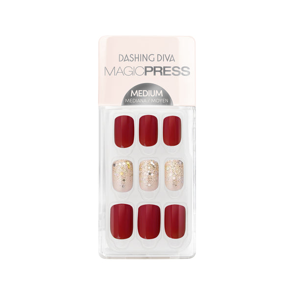 Dashing Diva MAGIC PRESS medium, square red press on gel nails with a chunky gold glitter ombre effect.