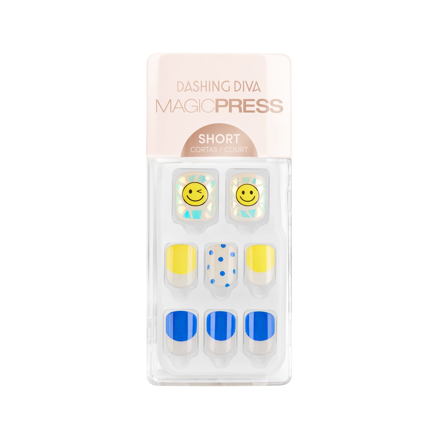 Dashing Diva MAGIC PRESS short, square clear press on gel nails with blue & yellow abstract french tips, and holographic smiley accents.