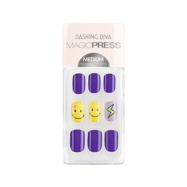 Dashing Diva MAGIC PRESS medium, square bright purple press on gel nails with smiley face and lightning accents.