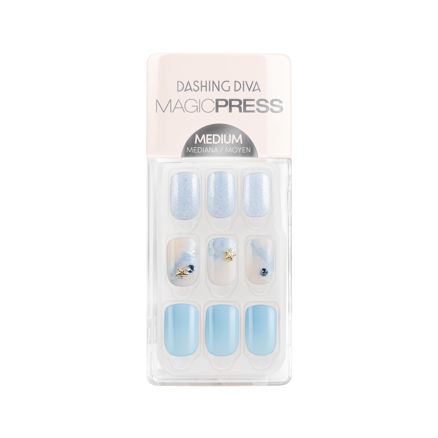 Dashing Diva MAGIC PRESS medium, square baby blue press on gel nails with shimmer, rhinestone, and starfish accents.