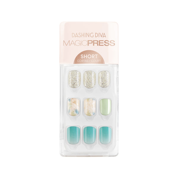 Dashing Diva MAGIC PRESS short, square blue-green press on gel nails with multi marbled and glitter accents.