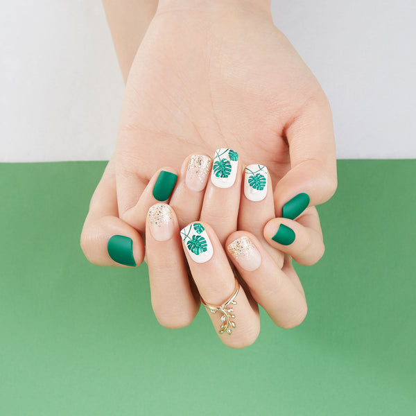 Medium length, square shape, glossy & matte finish green & sheer nude press-on gel nails 