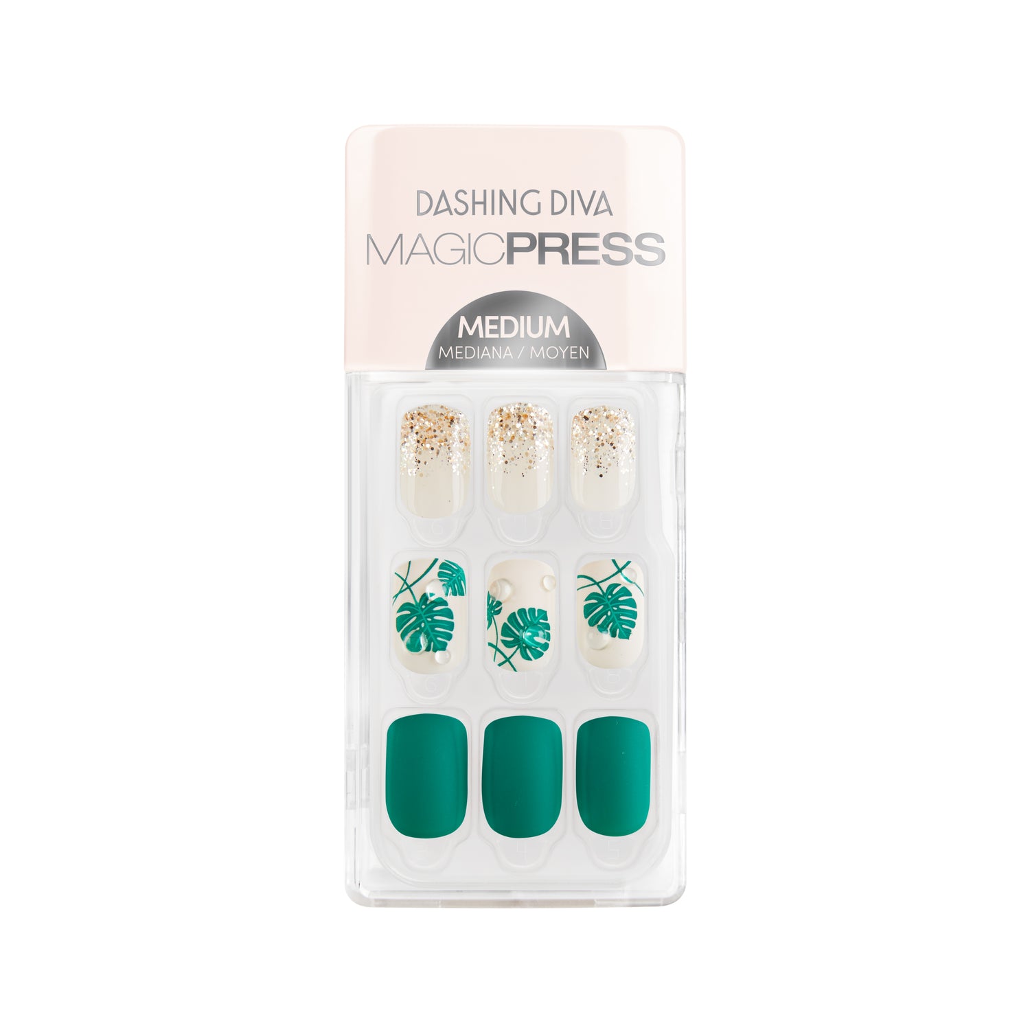 Dashing Diva MAGIC PRESS medium, square green MAGIC PRESS nails with tropical palm leaf & glitter accents.