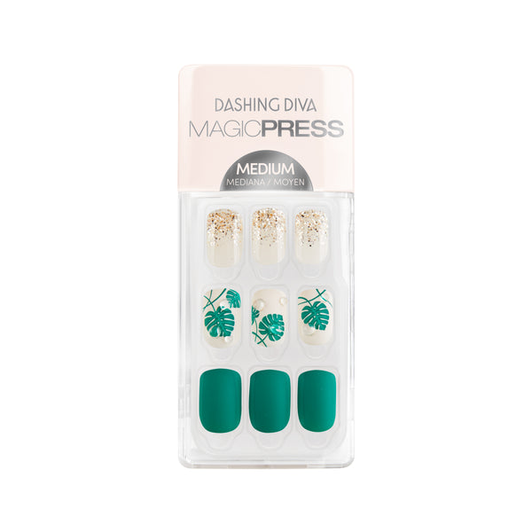 Dashing Diva MAGIC PRESS medium, square green MAGIC PRESS nails with tropical palm leaf & glitter accents.