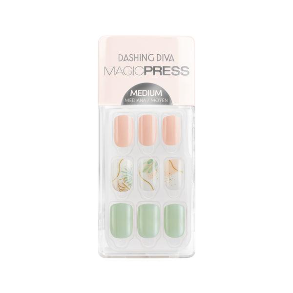 Dashing Diva MAGIC PRESS medium, square peach and light green press-on gel nails with palm leaf accents.