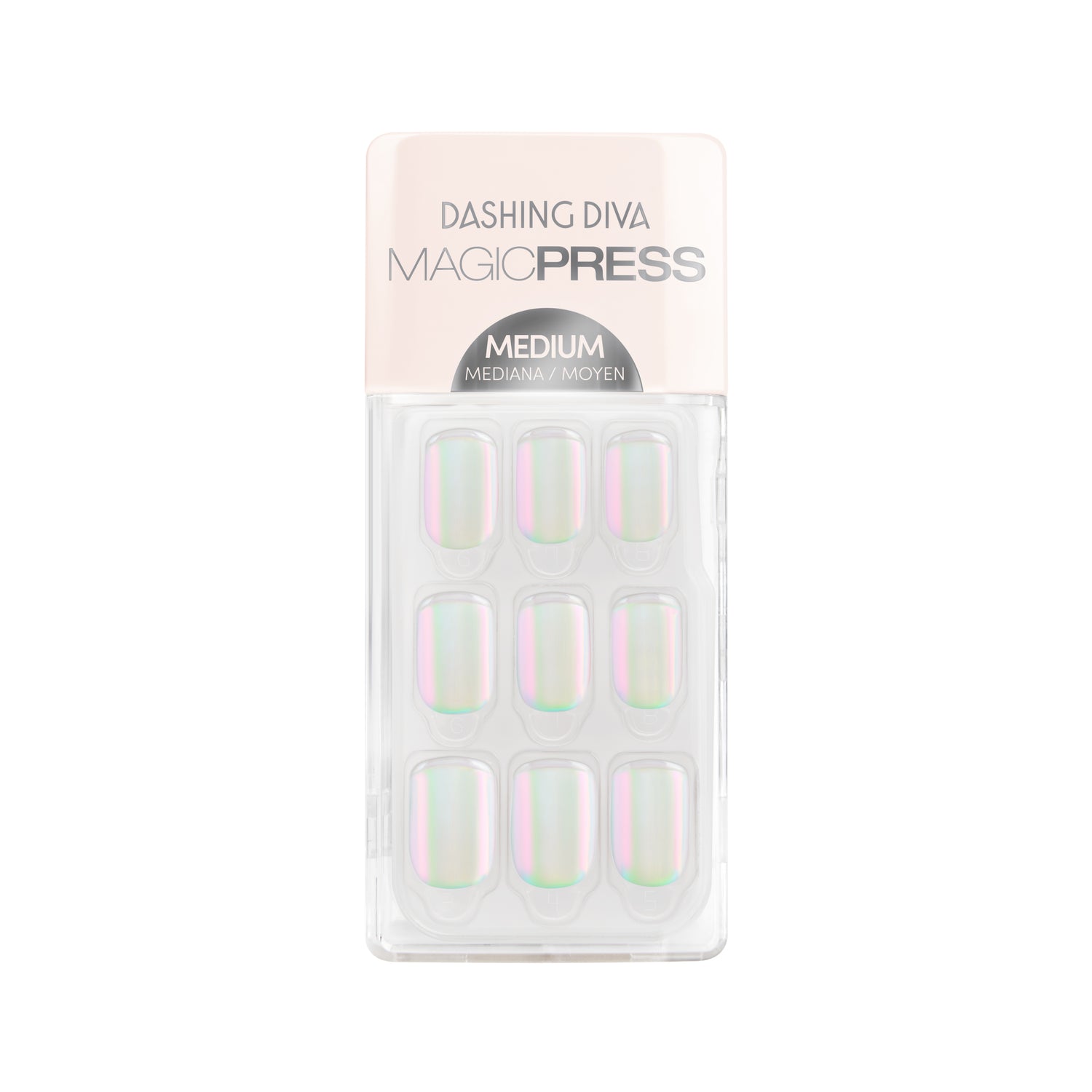 Dashing Diva MAGIC PRESS medium, square iridescent white press on gel nails with 3D french tips.