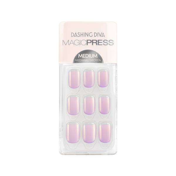 Dashing Diva MAGIC PRESS medium, square lavender K-beauty glass nails with clear 3D french tips.