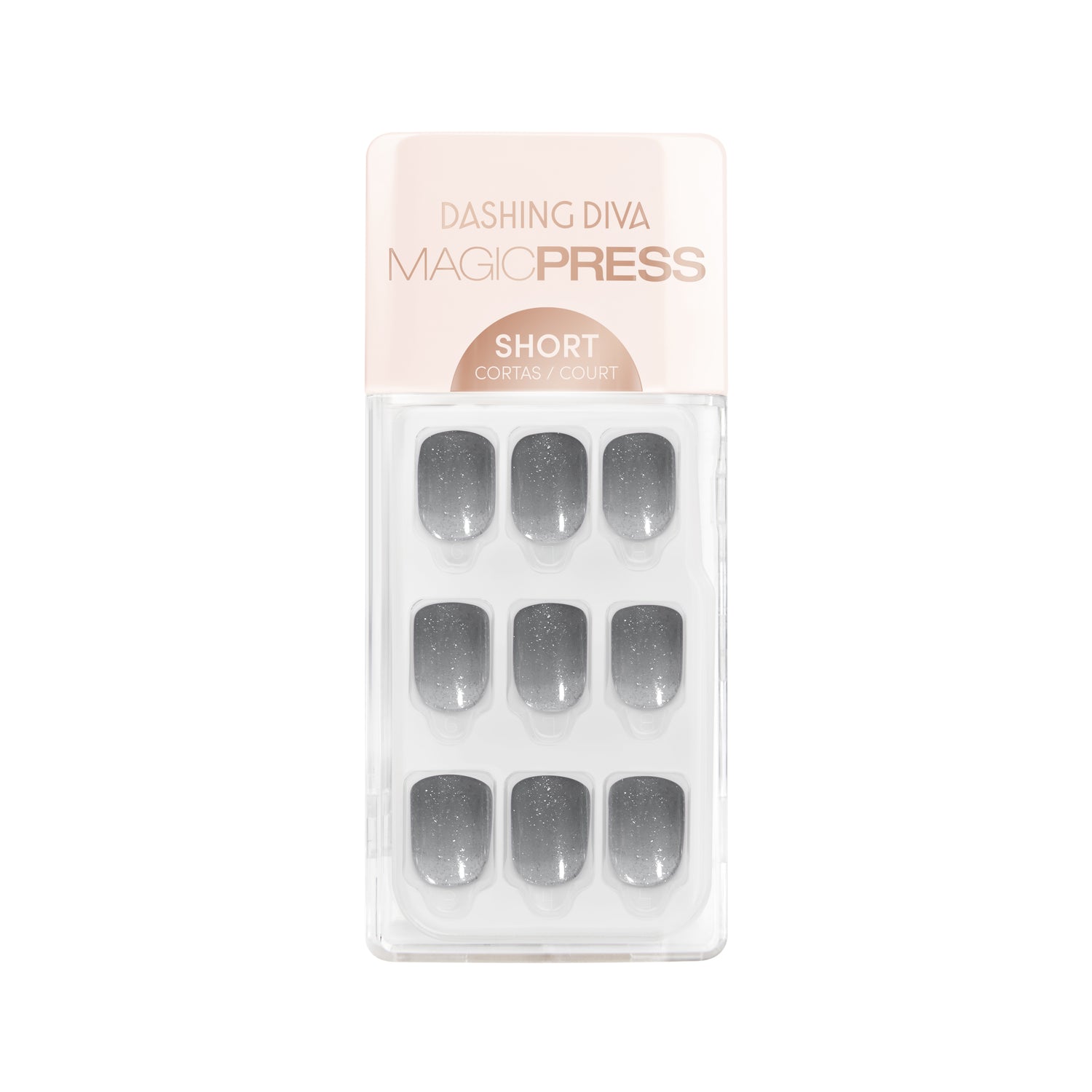 Dashing Diva MAGIC PRESS short, square dark grey press on gel nails with shimmer finish.