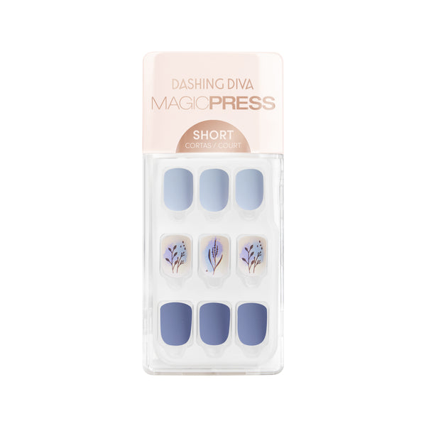 Dashing Diva MAGIC PRESS short, square powder blue nails in matte finish with lavender floral accents.