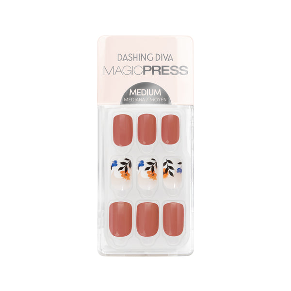 Dashing Diva MAGIC PRESS burnt orange press on gel nails with neutral floral accents.