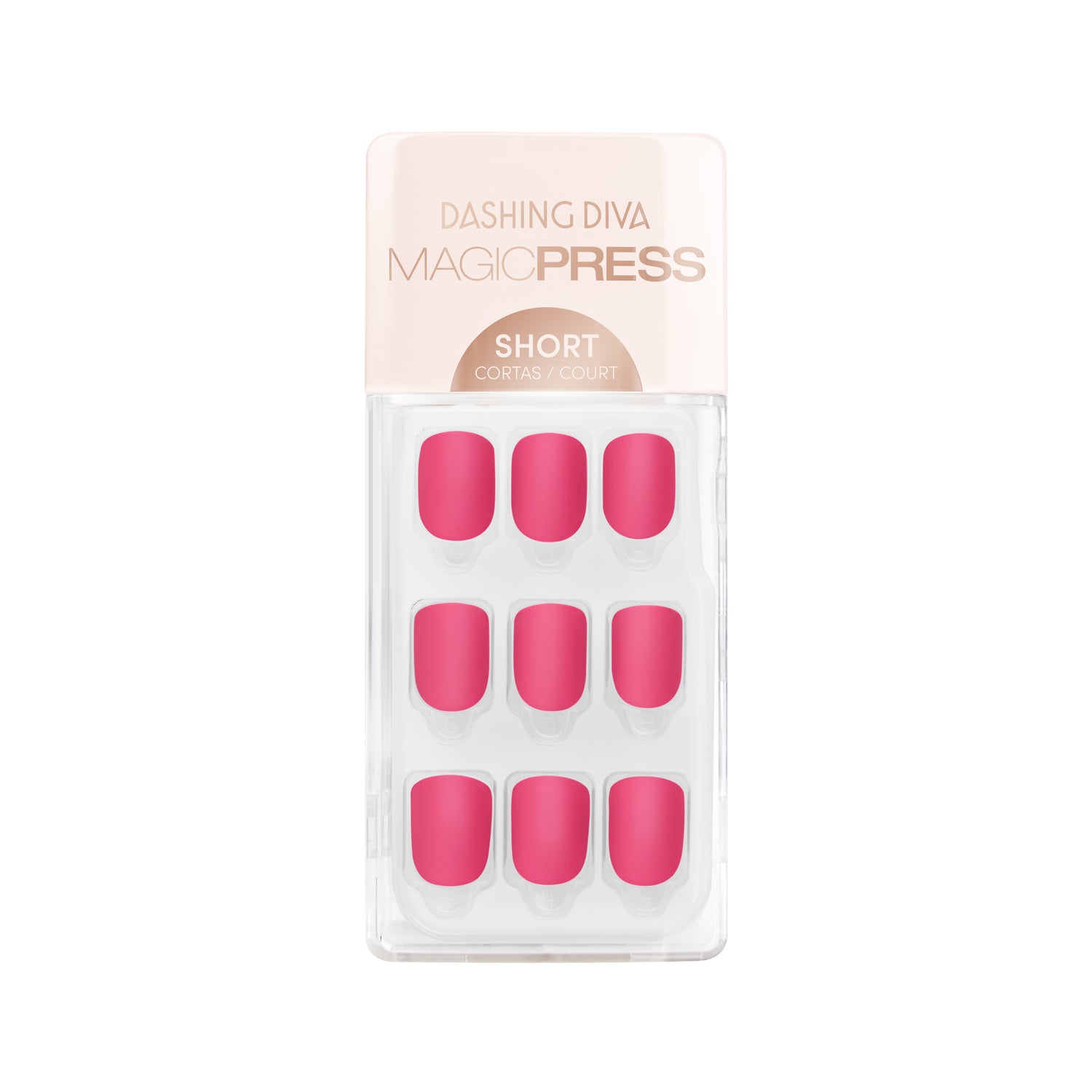 Dashing Diva MAGIC PRESS short, square, bright pink press-on gel nails with a matte finish.