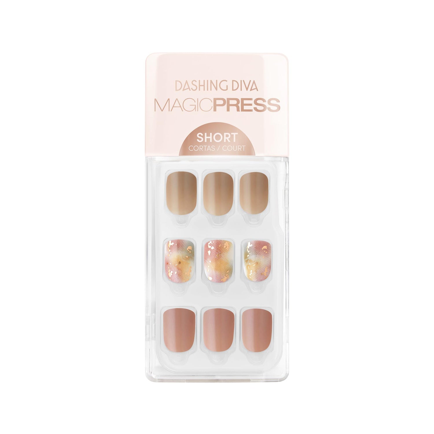 Dashing Diva MAGIC PRESS short, square neutral brown press on gel nails with multicolor tie dye accents & gold foil.