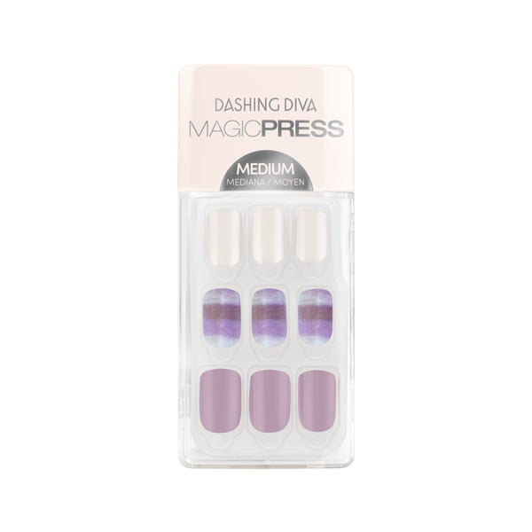 Dashing Diva MAGIC PRESS medium, square purple and white press on gel nails with plaid accents.