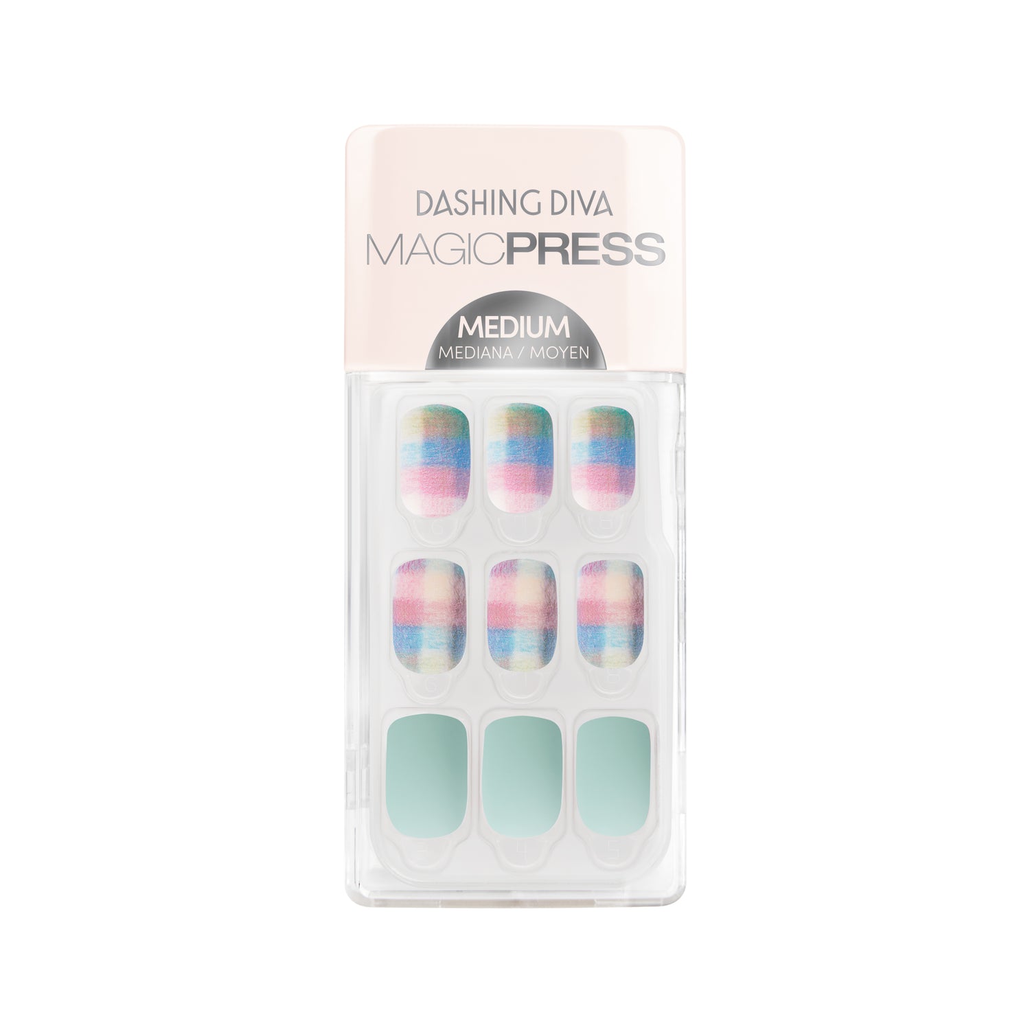 Dashing Diva MAGIC PRESS medium, square mint green press on gel nails with multi color plaid accents.