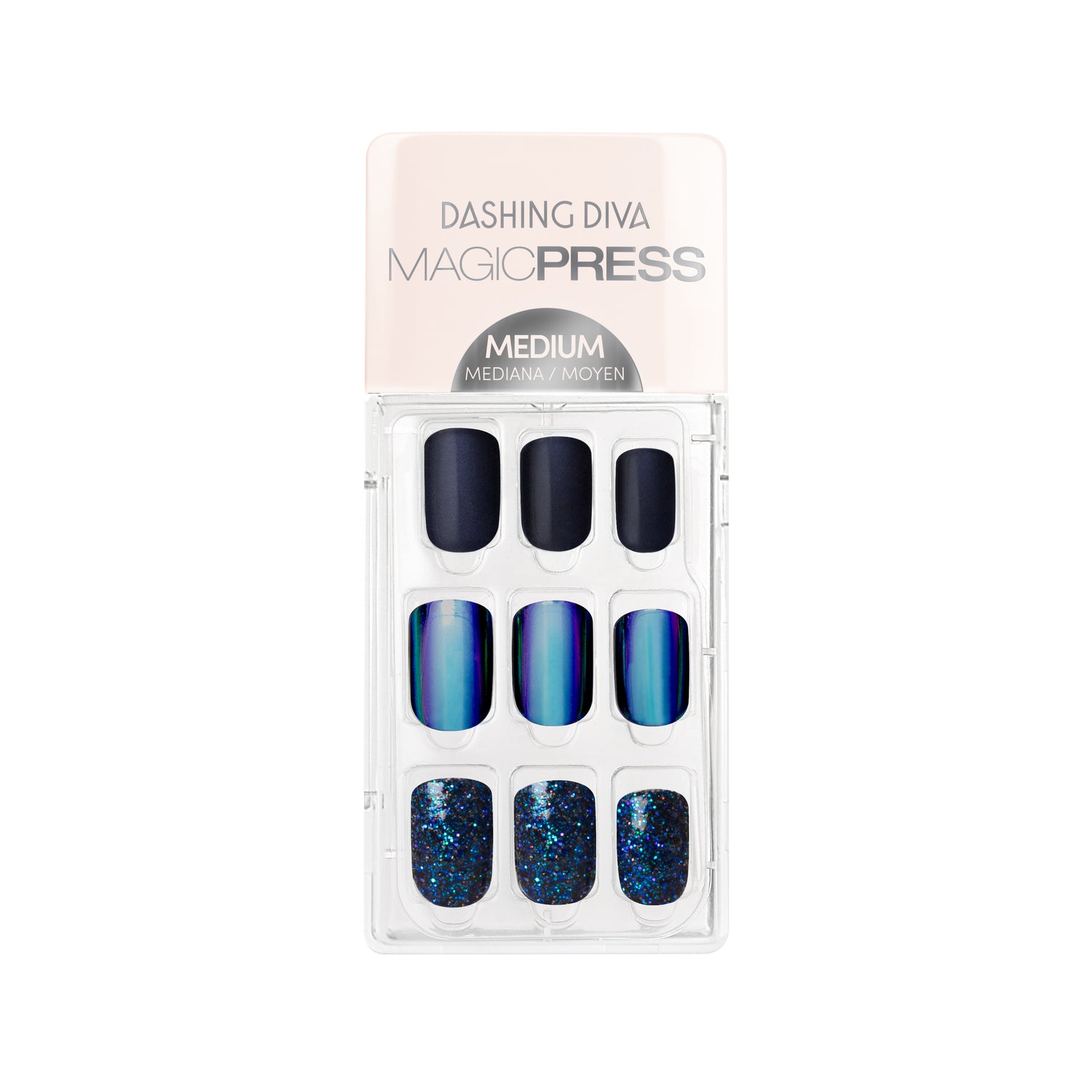 Dashing Diva MAGIC PRESS medium, square navy press on gel nails with holographic and glitter accents.