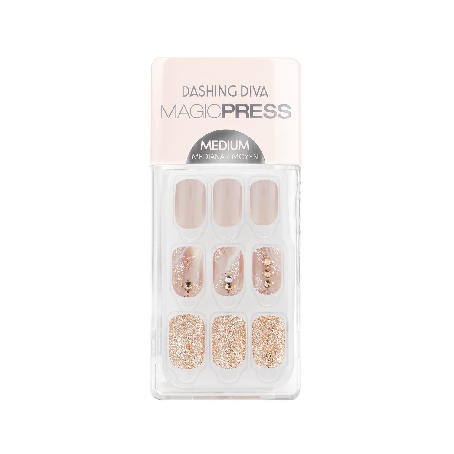 Dashing Diva MAGIC PRESS medium, square neutral press on gel nails with rhinestone and gold glitter accents.