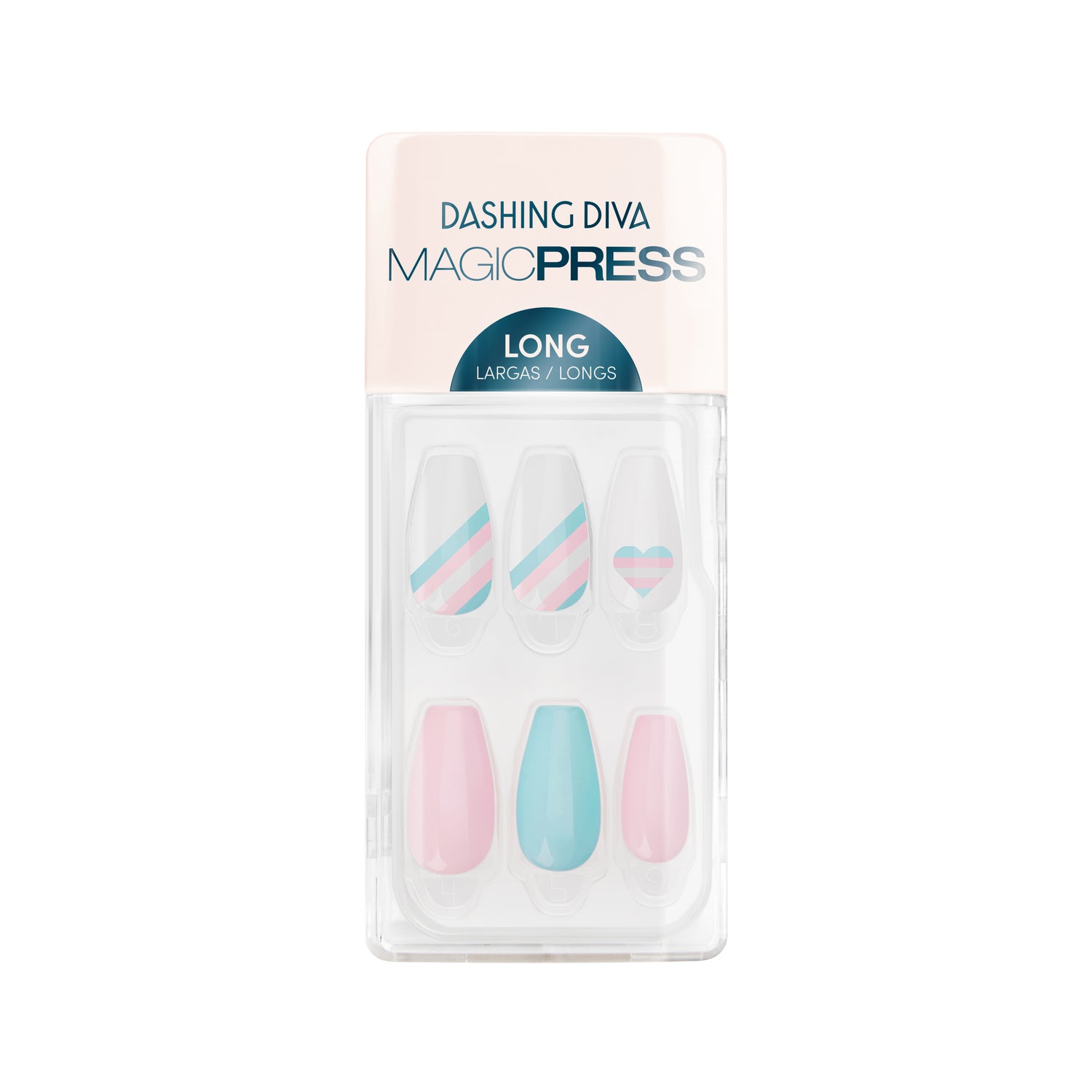 Dashing Diva MAGIC PRESS long, coffin white, pink, and blue press on gel nails with strip & heart accents.