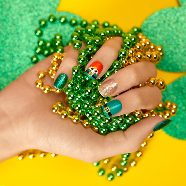 Short length, square shape, glossy finish press-on gel nails featuring green & champagne glitter, leprechaun icons, and belt buckle details.