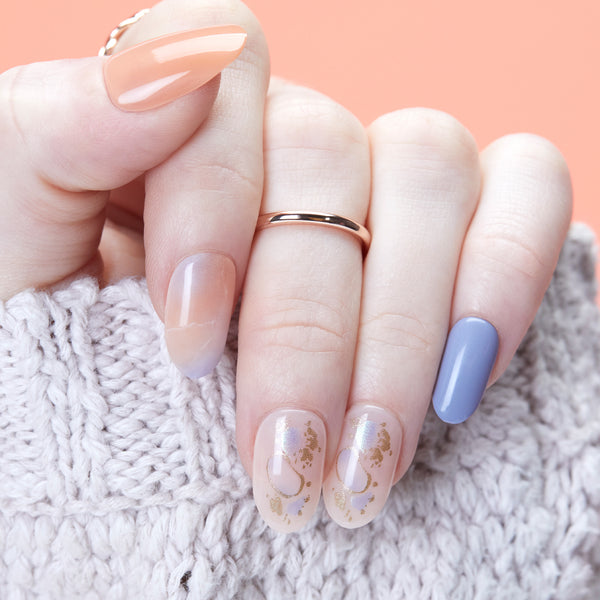 Medium length, oval shape, glossy finish peach & blue press-on gel nails