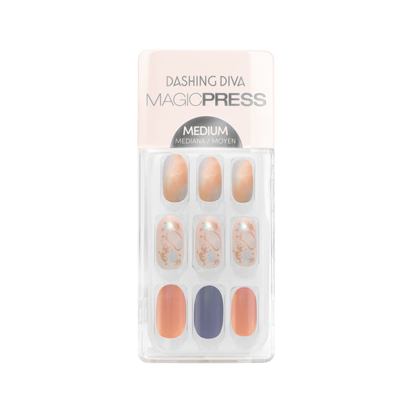 Dashing Diva MAGIC PRESS orange and blue medium oval press on gel nails with ombre and silver foil accents.