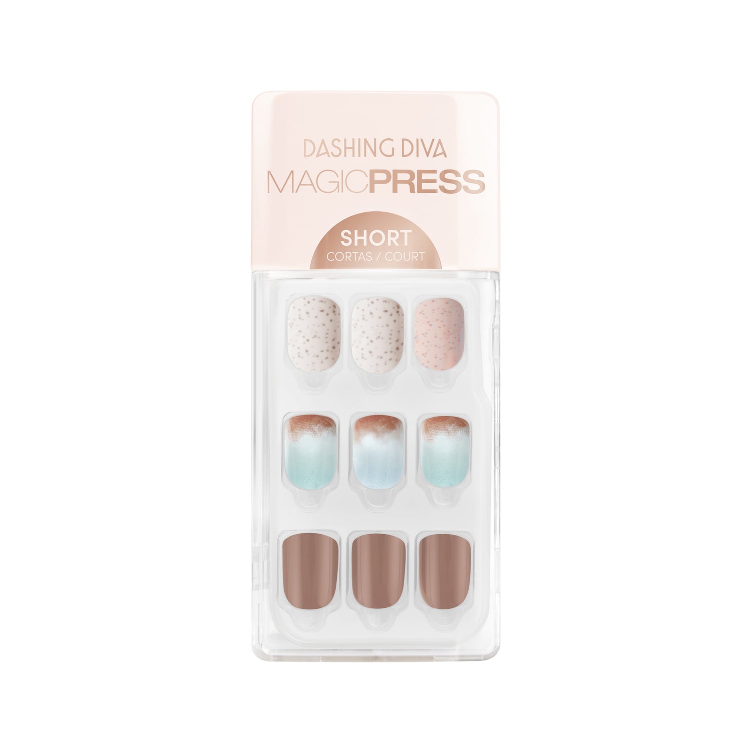 Dashing Diva MAGIC PRESS short, square brown and off-white press on gel nails with speckle and blue gradient accents.