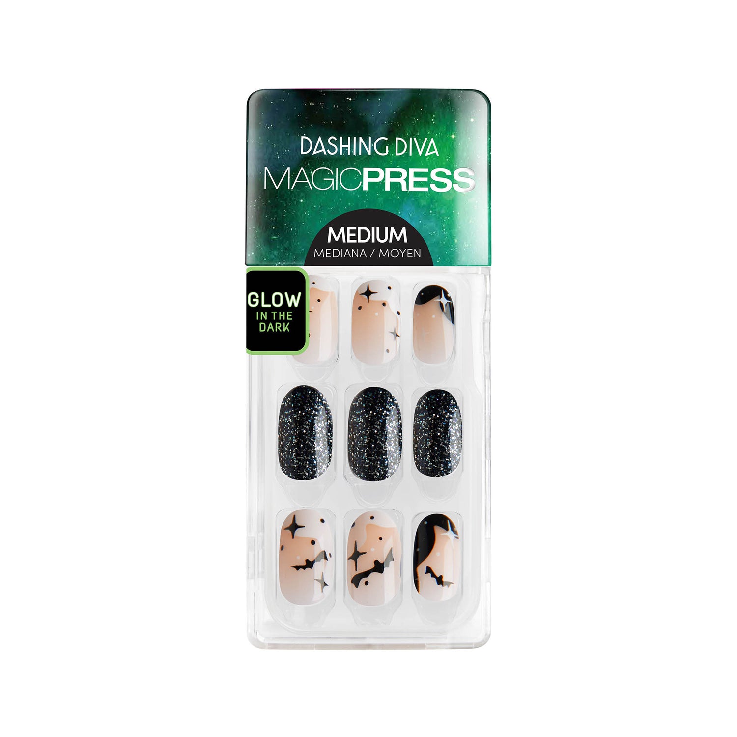 Dashing Diva MAGIC PRESS medium, oval neutral press on gel nails with abstract wavy black & white french tips, black glitter, bat, & celestial accents.