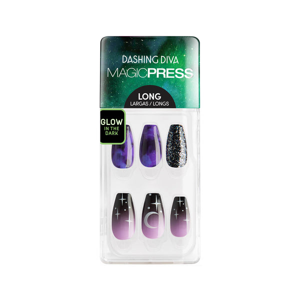 Dashing Diva MAGIC PRESS long, coffin purple to black ombre press on gel nails with purple smoke, black glitter, and celestial accents.
