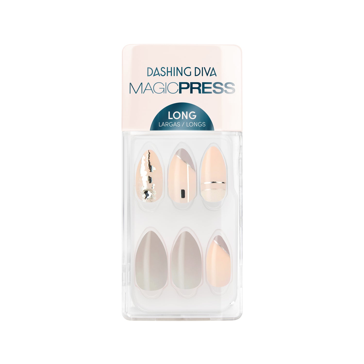 Dashing Diva Magic Press long stiletto nude and grey asymmetrical French tip metallic accents press on gel nails