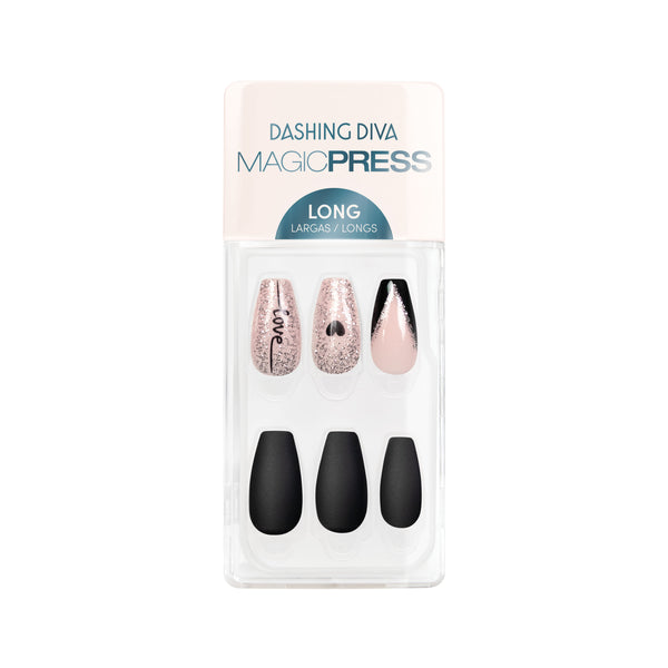 Long length, coffin shape, glossy finish black, and nude press-on nails. Featuring silver glitter and cursive love letters.