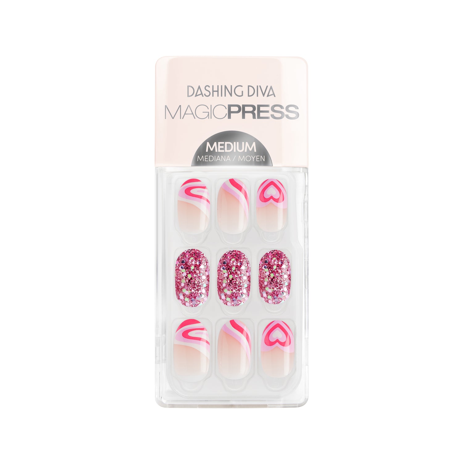 Medium length, oval shape, glossy finish nude press-on nails. Featuring pink glitter accents and a French tip swirl in pink, white and red.