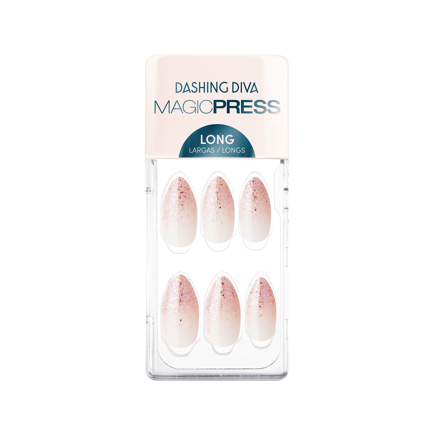 Short length, stiletto shape, glossy finish glittery ombre pink french tip press-on gel nails with a nude base.
