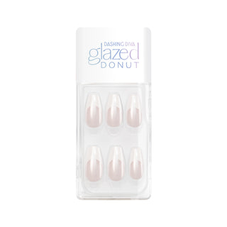 Silver French tip press-on gel nails featuring, medium length, coffin shape, and a shimmery chrome finish.