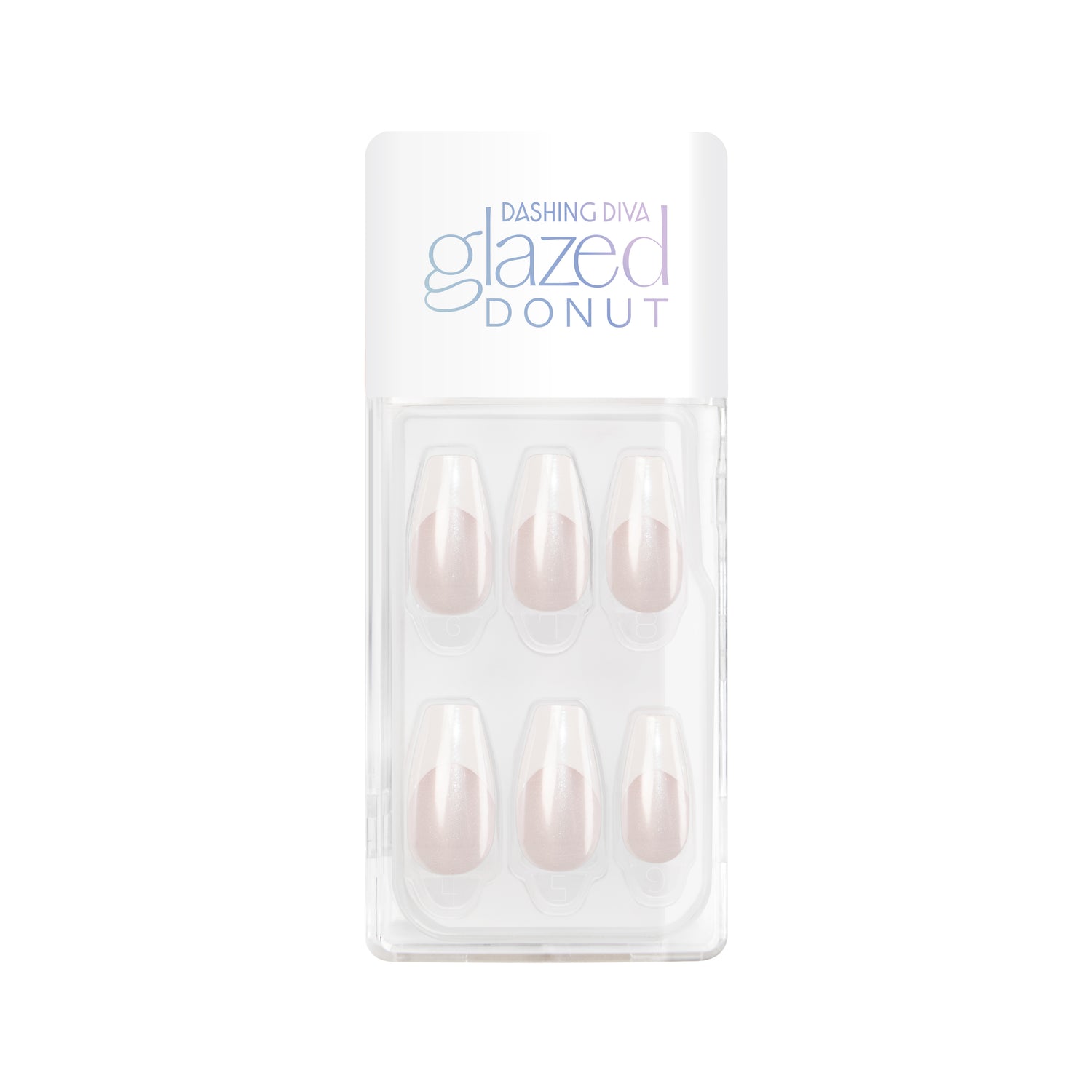Silver French tip press-on gel nails featuring, medium length, coffin shape, and a shimmery chrome finish.