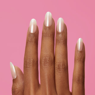 Ombre pink and white press-on gel nails featuring, medium length, almond shape, and a shimmery chrome French Finish.