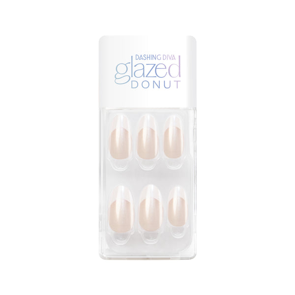 White french tip press-on gel nails featuring, medium length, almond shape, and a shimmery chrome finish. 