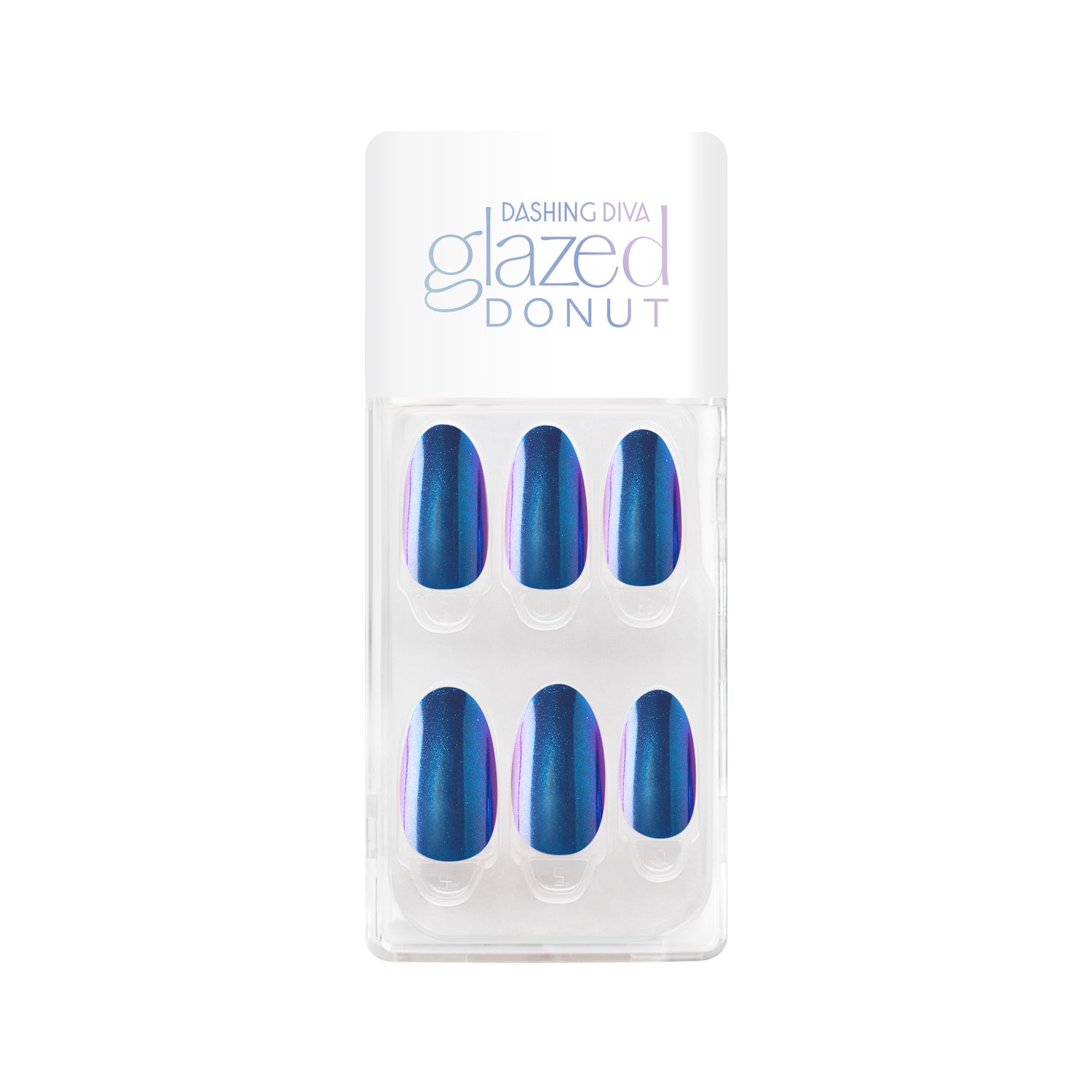  Reflective blue press-on gel nails featuring a medium-length, almond shape, with a metallic chrome finish.