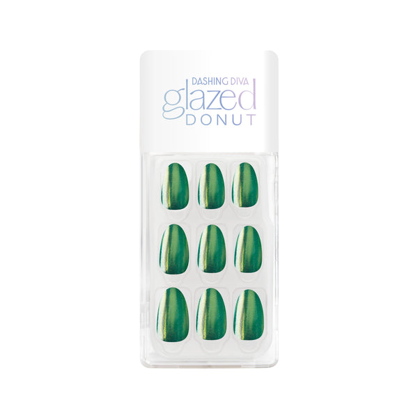 Green press-on gel nails featuring a medium length, almond shape, and a metallic chrome finish.