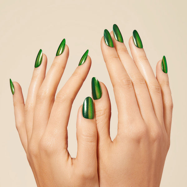 Green press-on gel nails featuring a medium length, almond shape, and a metallic chrome finish.