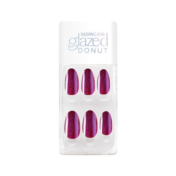  Mulberry press-on gel nails featuring, medium length, almond shape, and metallic chrome finish.