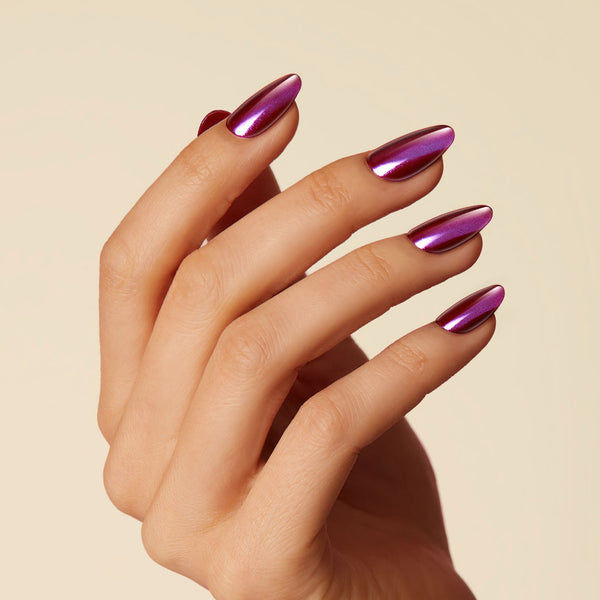  Mulberry press-on gel nails featuring, medium length, almond shape, and metallic chrome finish.