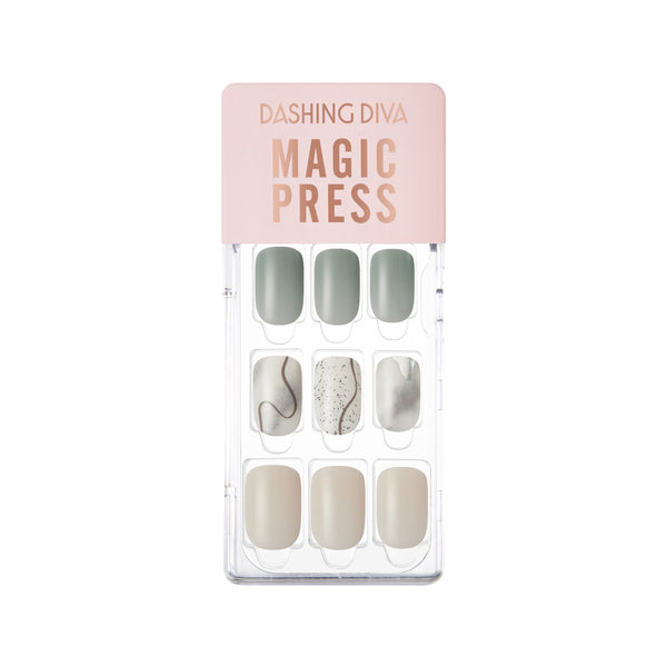 Medium length, square shape, glossy finish. Ivory & sage press-on gel nails featuring abstract line art, silver foil, and marble accents.