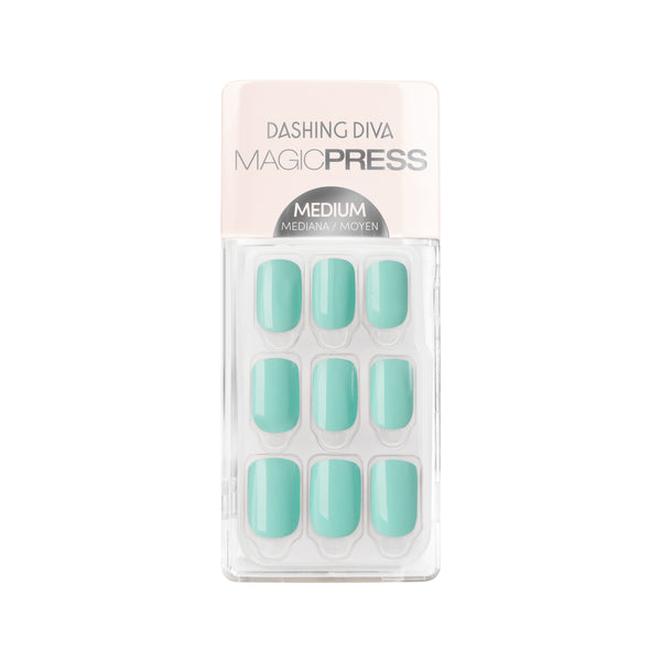 Dashing Diva MAGIC PRESS medium, square turquoise press on gel nails.