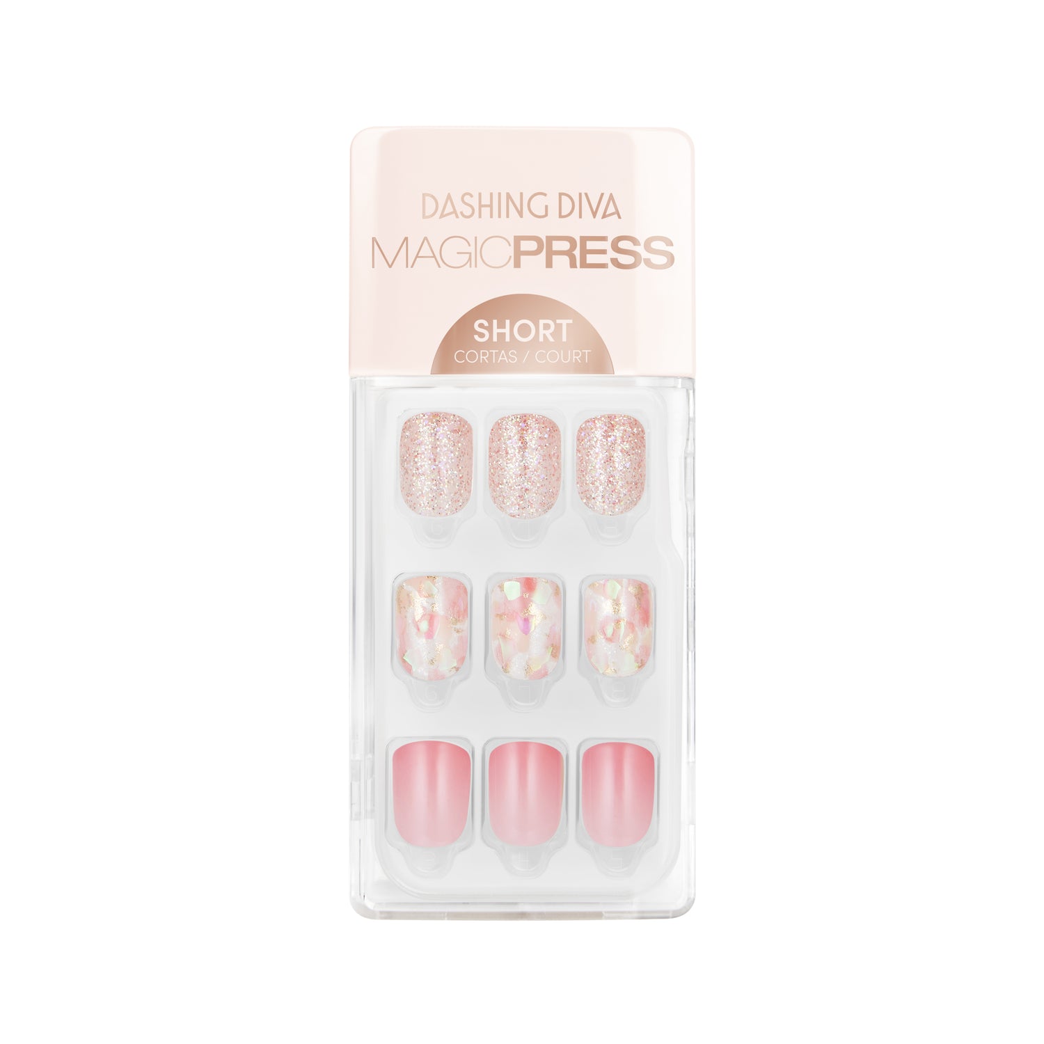 Dashing Diva MAGIC PRESS short, square pink press on gel nails with iridescent marble and pink glitter accents.