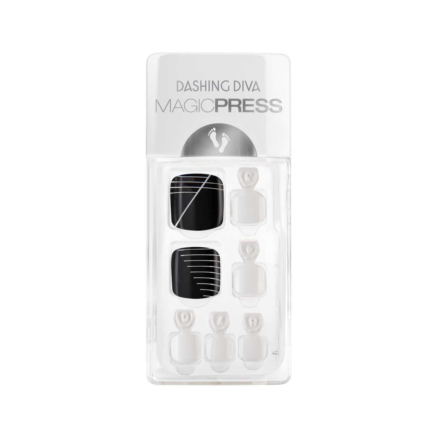 Dashing Diva MAGIC PRESS Pedicure white press on gel pedi with black and white geometric white line accents.