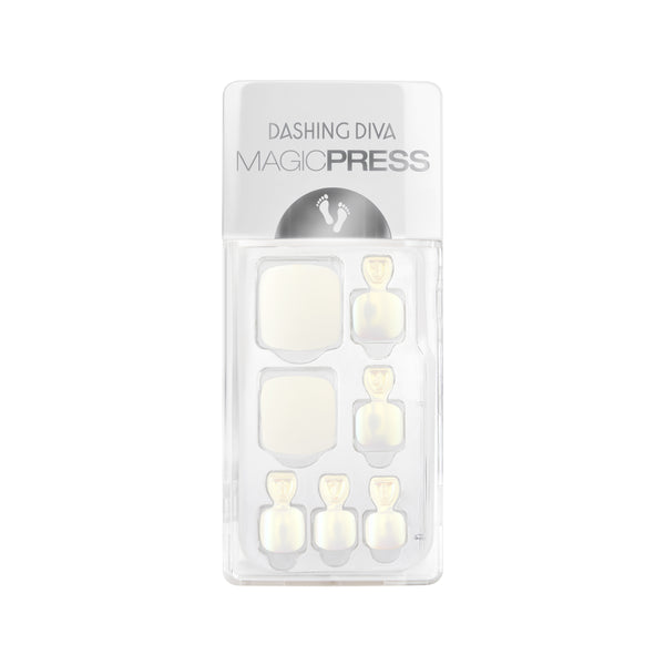 Dashing Diva MAGIC PRESS Pedicure off-white metallic press on gel pedi with matte off-white accents.