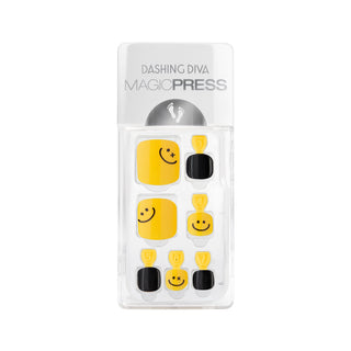 Dashing Diva MAGIC PRESS Pedicure black and yellow press on gel pedi with matte and smiley face accents.