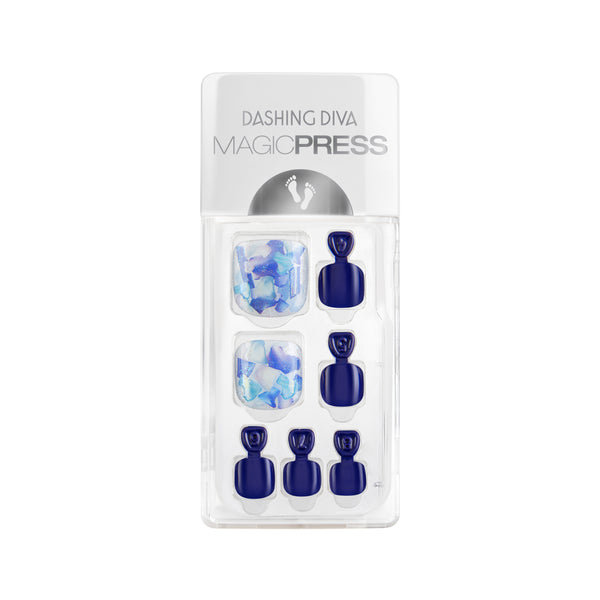 Dashing Diva MAGIC PRESS Pedicure dark blue press on gel pedi with multi blue mosaic accent.