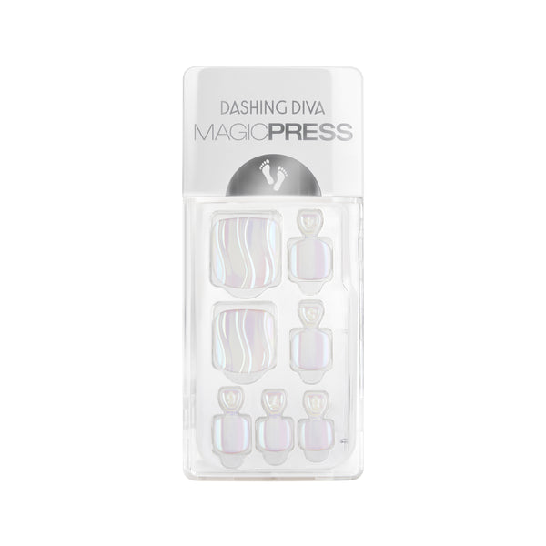 Dashing Diva MAGIC PRESS Pedicure iridescent white press on gel pedi with 3D wavy accents.