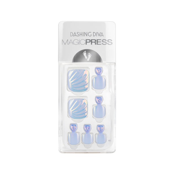 Dashing Diva MAGIC PRESS Pedicure iridescent blue press-on gel pedi with 3D seashell design.